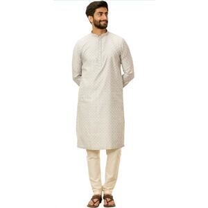 Manyavar Men Blended Cotton Embroidered Kurta Pyjama Set SZ L Gray Top